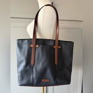 Fossil Black Leather Zip-Top Tote with Brown Handles
